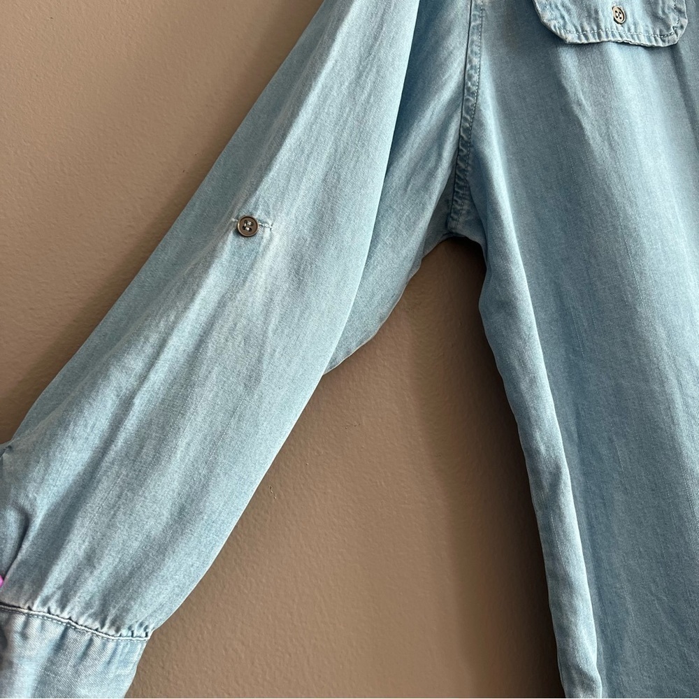 Hester & Orchard Women’s Shirt Tencel Button Slit Neck Blue Fringe Hem Small - Picture 5 of 16
